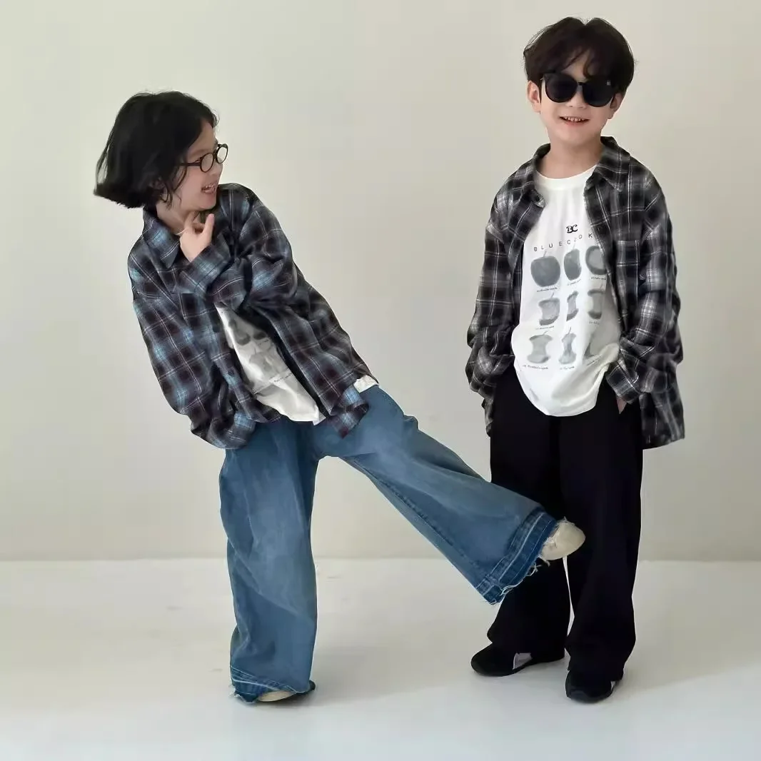 Children\'s Shirt 2024 Autumn Boys and Girls Korean Version Velvet Plaid Shirt Children\'s Casual Versatile Loose Long Sleeve Top