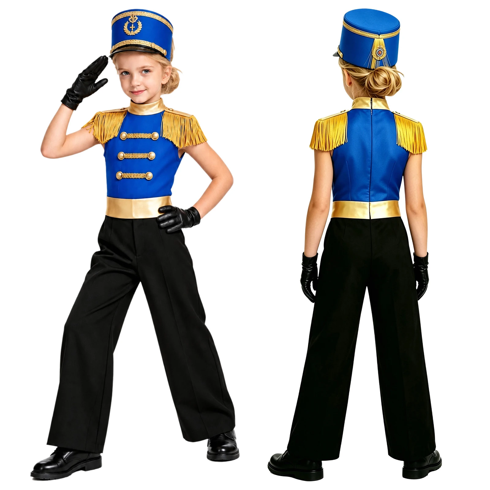 Girls Circus Ringmaster Tassel Metallic Epaulet Jumpsuit Carnival Drum Marching Band Dress Up Sleeveless Full Wide-leg Bodysuit