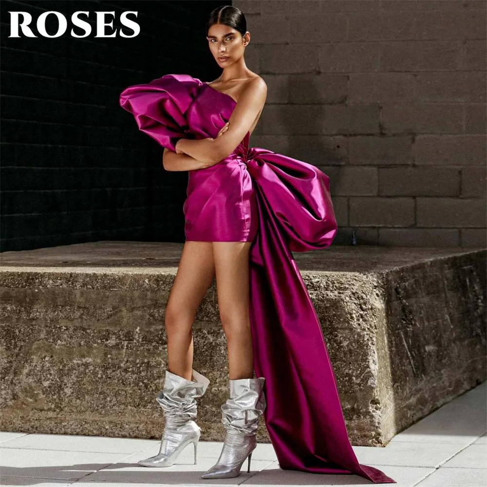 

ROSES Fuchsia Elegant Prom Dress Party Dress with Pleat Satin One Shoulder Simple Mermaid Evening Dresses for Woman Customized