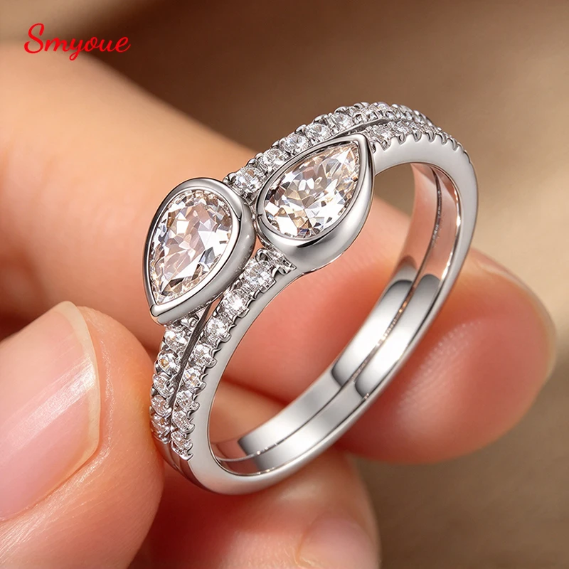 Smyoue Certified Pear Cut Moissanite Rings for Women Bezel Set Double Water Drop Promise Stackable Band Wedding S925 Silver