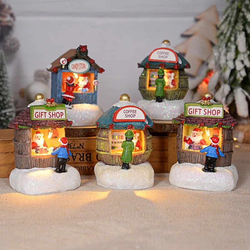 

Christmas Glowing House Ornament Resin LED Micro-Landscape Candy Store Winter Scene For Home Desktop Xmas New Year Party Decors