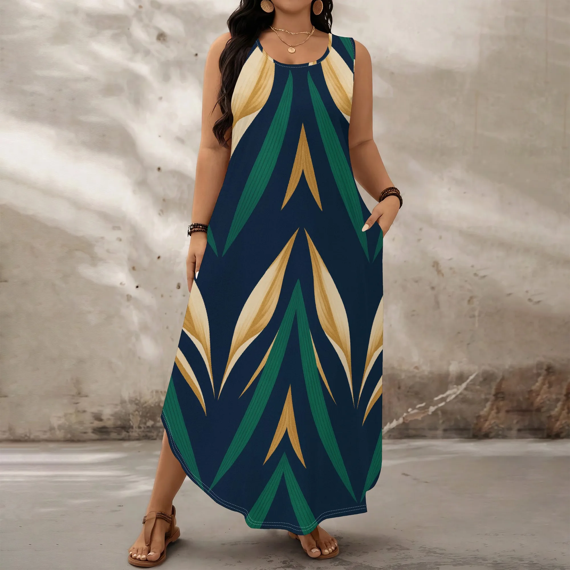 

"Plus Size Tropical Print Sleeveless Maxi Dress (XL-6XL) – Elegant Green & Gold Design for Beach & Vacation Wear"