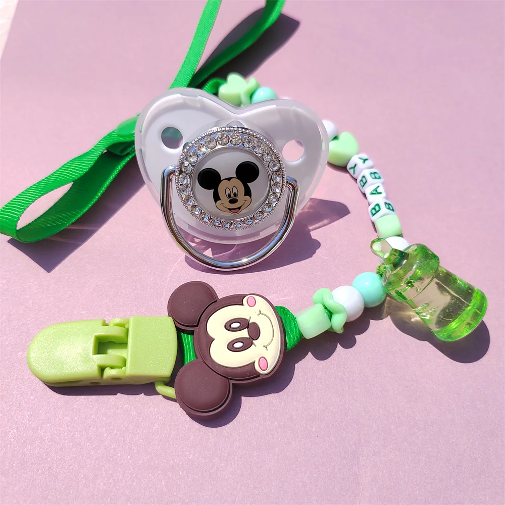 [ Clip and Lollipop] Mickey Minnie Mouse Newborns Handmade Green Pacifier Clips with Name Unique Baby Shower Gift Babi Soother