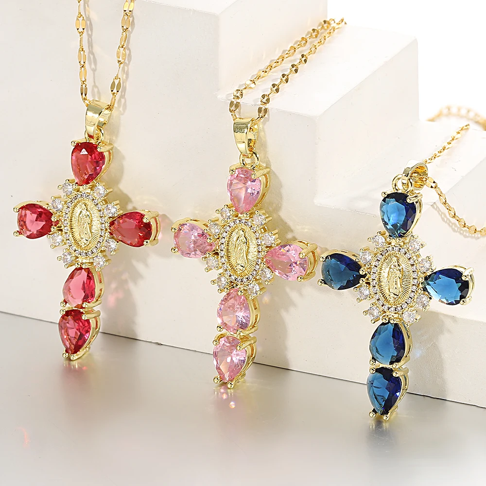 Fashion Cubic Zirconia Jesus Mary Crystal Zircon Cross Pendant Necklace For Women Charm Female Religious Stainless Steel Jewelry