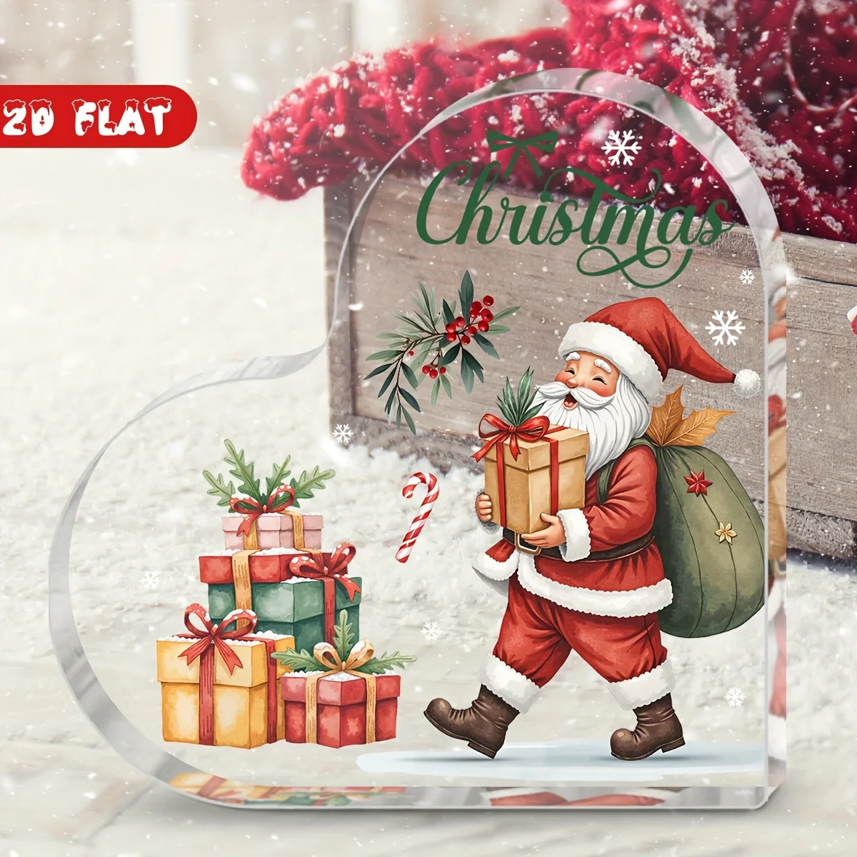 Christmas Santa With Gift Boxes Heart‑Shaped Clear Acrylic Plaque 10cm 2D Flat Candy Cane Holly Tabletop Keepsake Ornament Desk Shelf Xmas Holiday Home Decor Gift