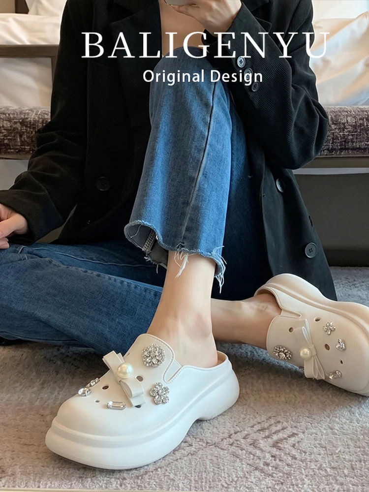 

Ladies' Leather Version Anti-Slip Knot Water Diamond Pearl Thick Bottom Slip-On Head Cover Slippers Summer Shoes
