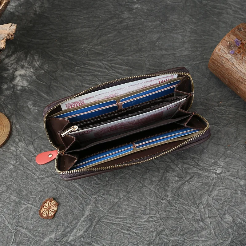 السيدات جلد طبيعي المنسوجة مختلط اللون محفظة طويلة خياطة عشوائية سعة كبيرة متعددة فتحة سستة المحفظة