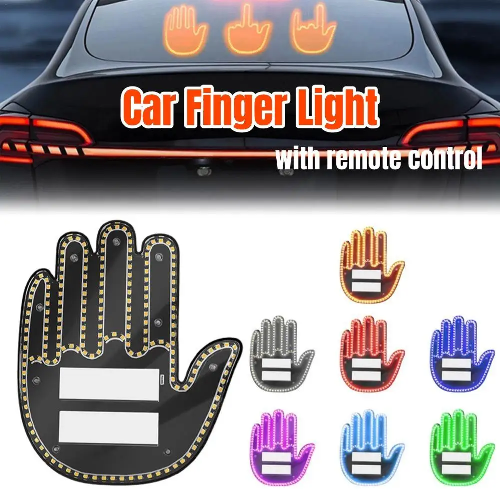 Car LED Illuminated Gesture Light Rainbow Color Hands Up Finger Lamp With Remote Control Funny Decoration Accessories