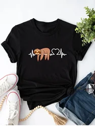 Cute Cartoon Sloth Print T-Shirt, Crew Neck Short Sleeve Casual Top For Summer & Spring, Women's Clothing