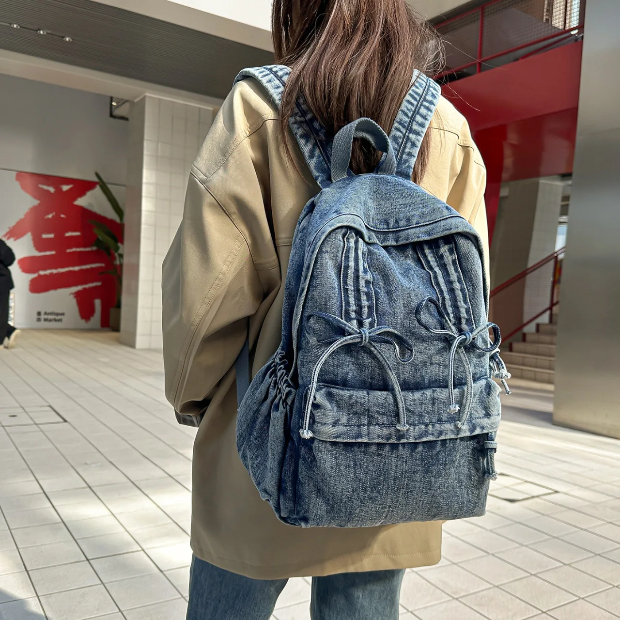 Washed Denim Backpack Women Vintage Bow Knot School Bag Large Capacity Casual Travel Rucksack Aesthetic Student Laptop Daypack