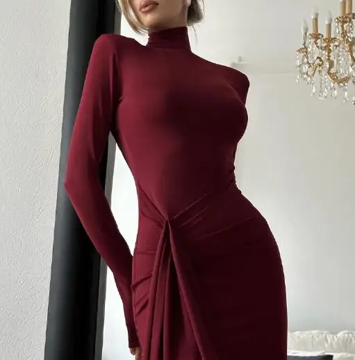 

Womens Dresses 2025 Spring Autumn New Solid Color Fashionable and Sexy High Slit Long Sleeve Temperament Wrapped Long Dress