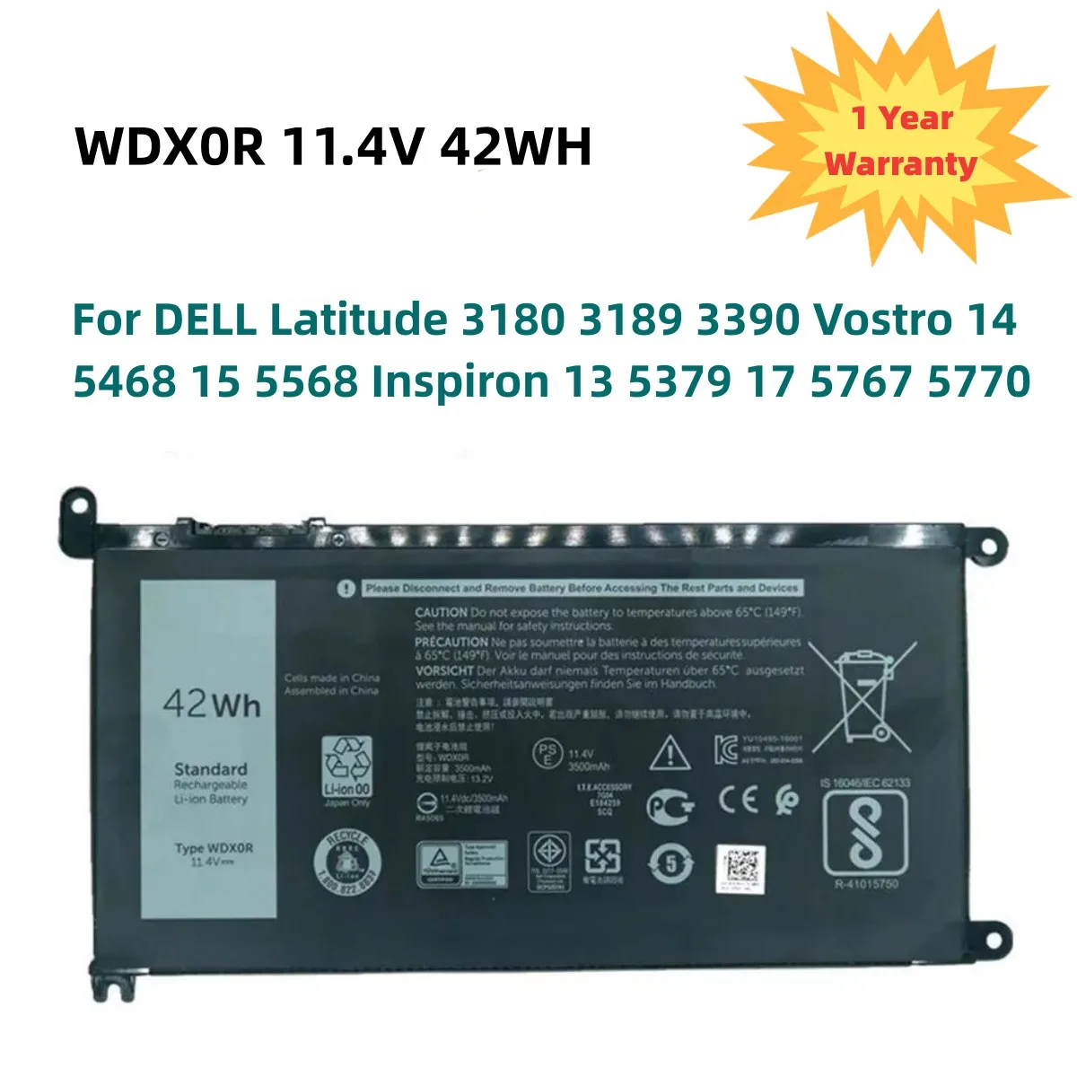 

WDXOR 11.4V 42WH Battery For DELL Inspiron 13 5368 5378 14 7460 7472 15 7560 5538 5567 5568 P61F Vostro 14 5468 P61F WDX0R