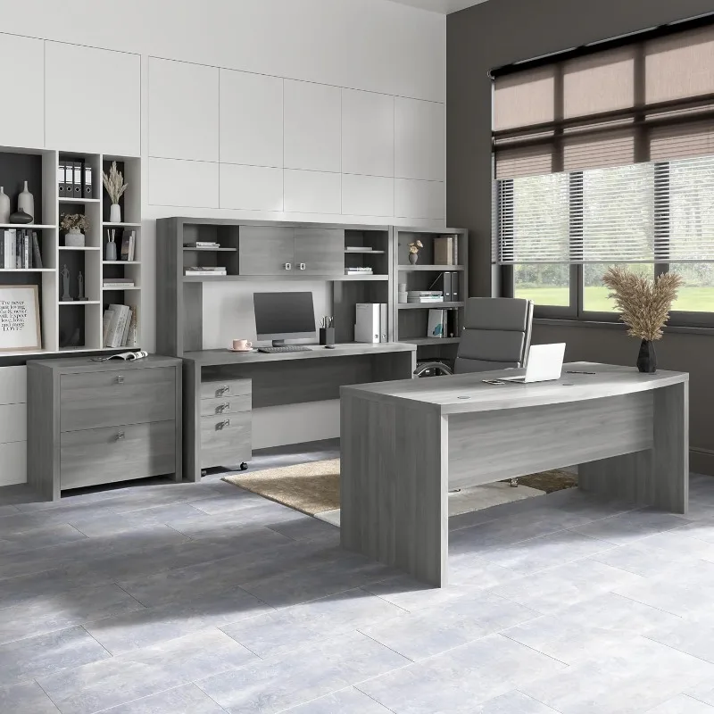 L Shape Bow Front Desk Charcoal Maple Modern Computer Desk Perfect for Home or Professional Workspace Style meets functionality