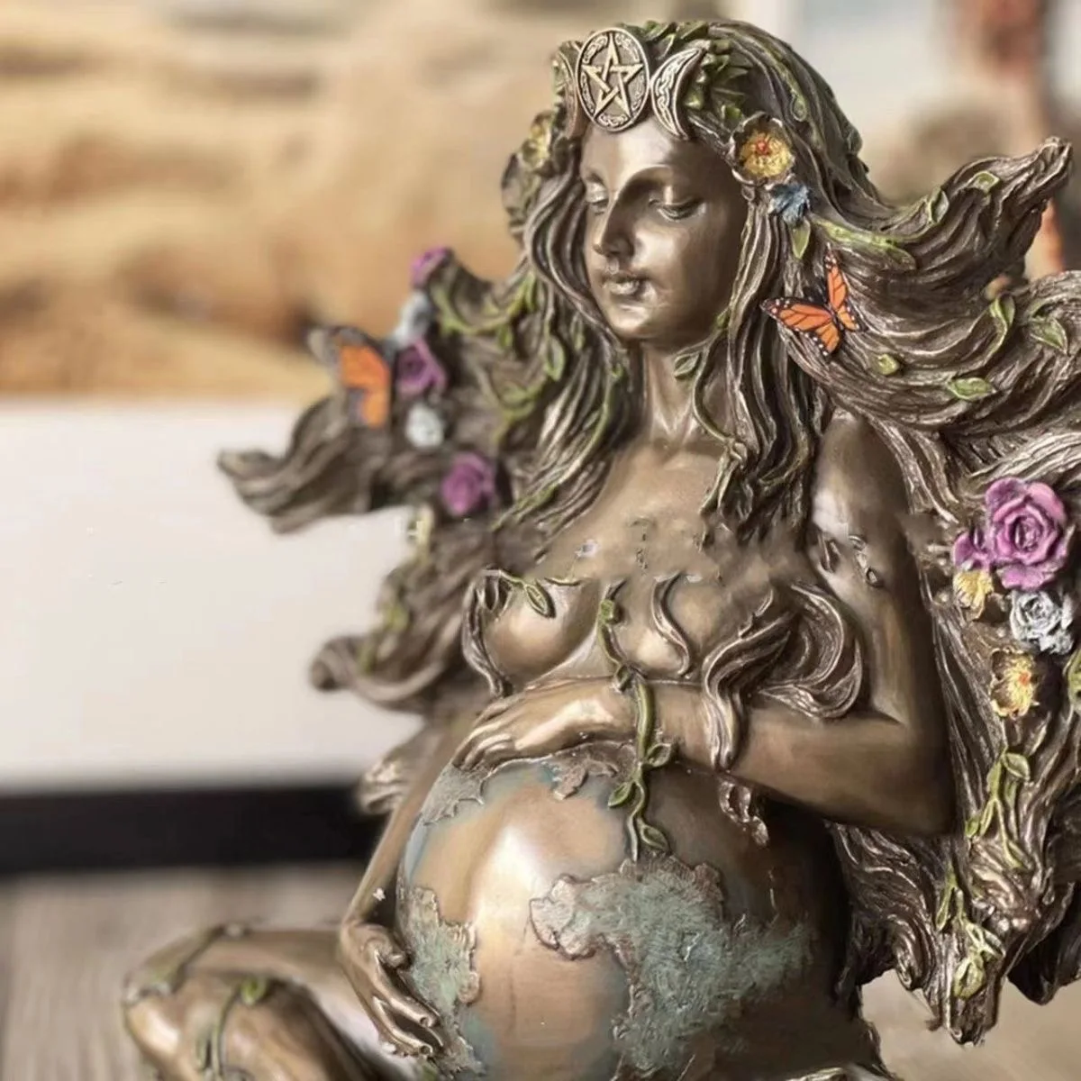 

Mother Earth Statue Gaia Fairy with Butterfly Decorative Buddha Figurine Goddess Healing Chakra Meditation