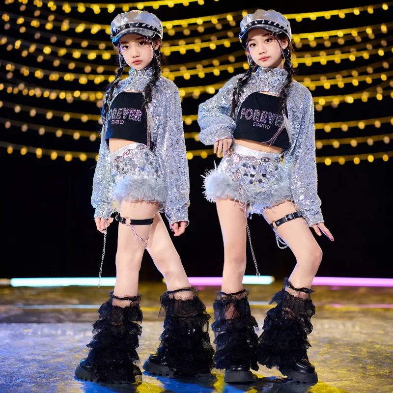 

Girls Jazz Dance Clothing Set Children Drum Costume Silver Top Silver Shorts Performance Suit Singer Holiday Party Hip Hop