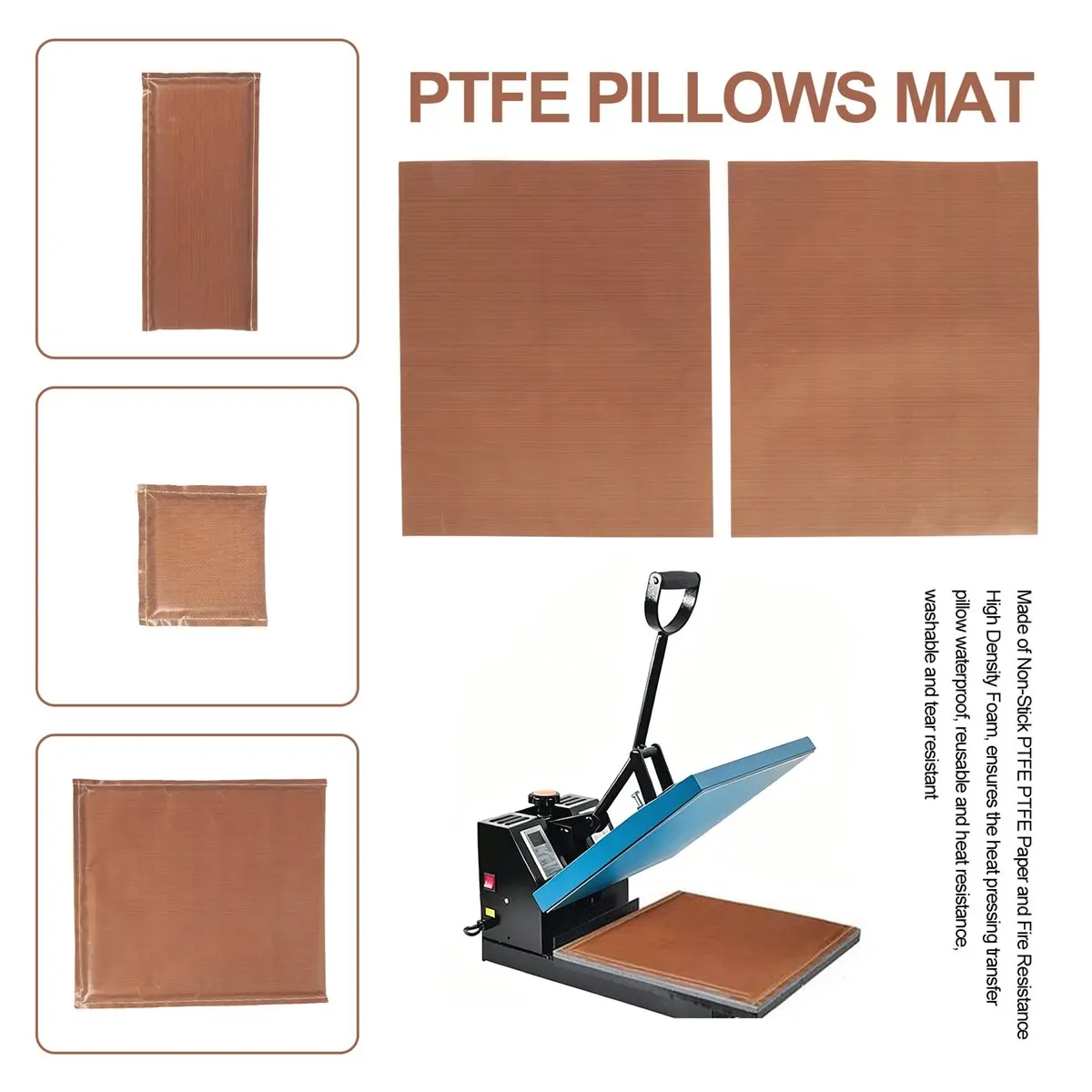 feelfeel 5Pcs/Set 3 Sizes Heat Pressing Transfer Pillow PTFE Heat Pad with 2PCS PTFE Heat Press Sheet for Heat Press Digital