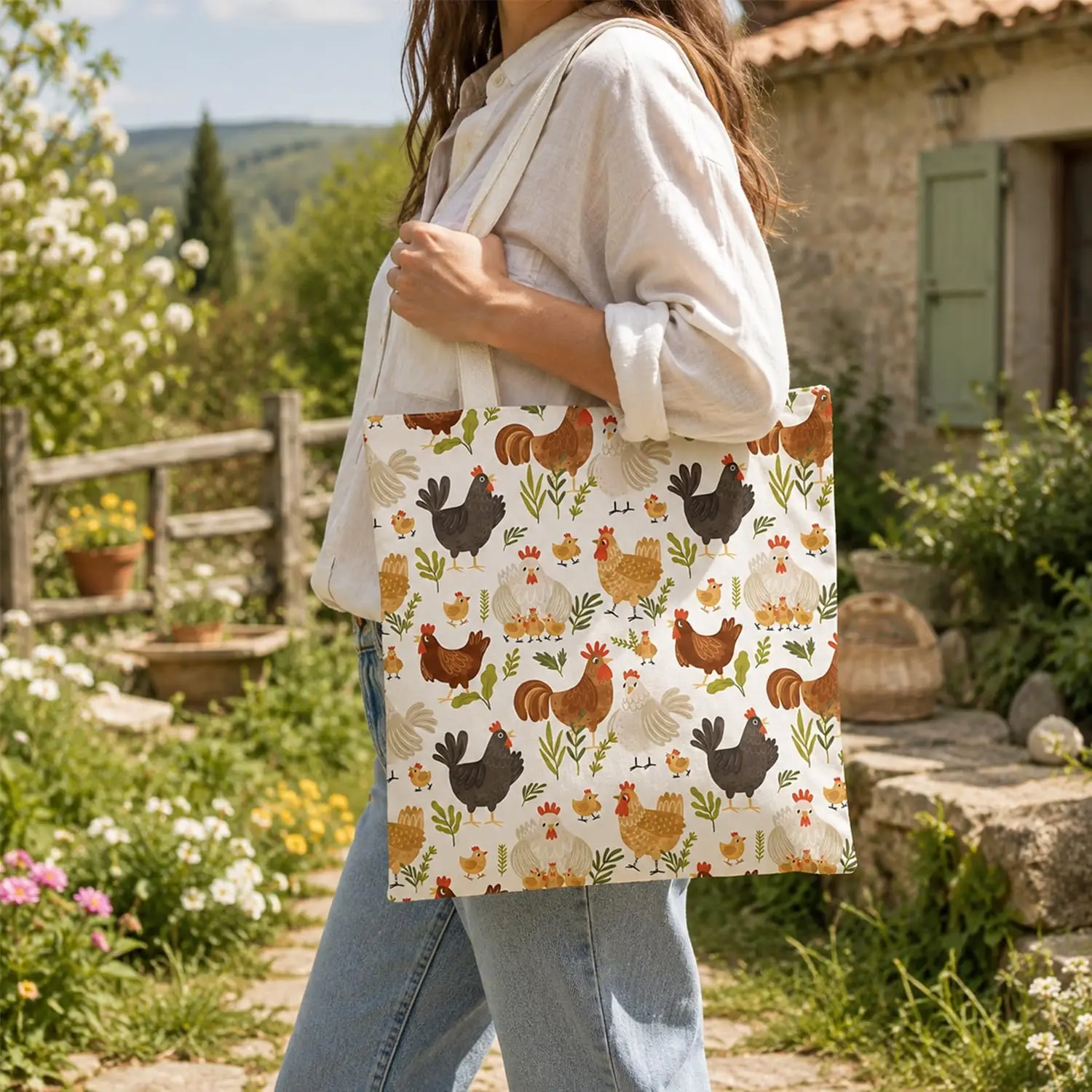 Chicken Theme Printing Tote Bag Large Capacity Foldable Shopping Bag Fun Gift for Women Gifts for Animal Enthusiasts Fashion