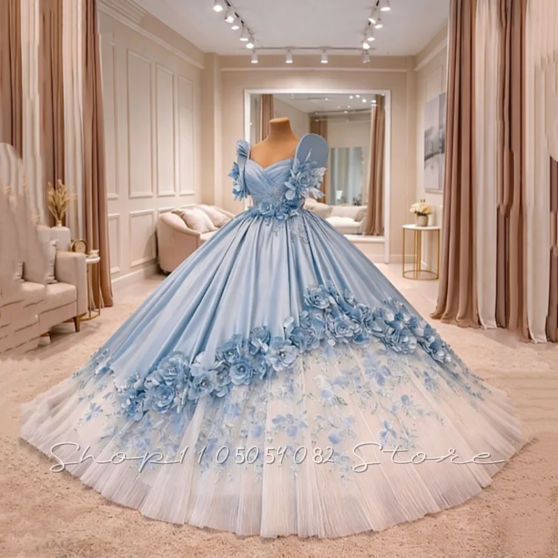 Customized blue floral luxury Quinceañera gown V-neck with three-dimensional appliqué Fourteenth and fifteenth birthday celebrat