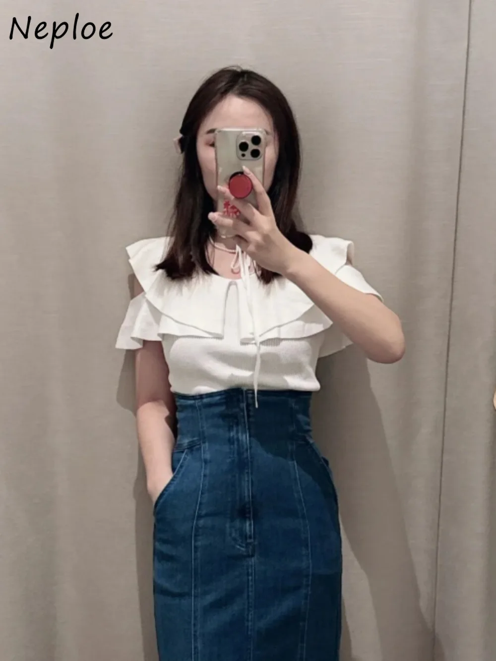 

Neploe Sweet V Neck Sleeveless Ruffles Jumper All-match Fresh Sling Lace Up Fungus Pullover Japan New Off Shoulder Knitwear