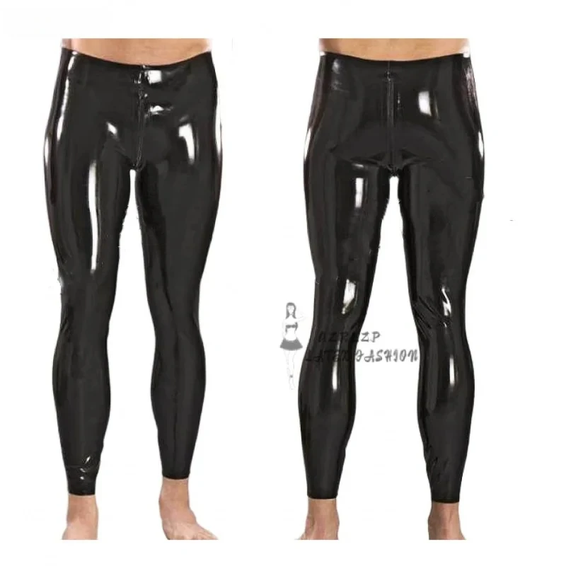 Men Rubber Trousers Latex Leggings Pants Crotch Zipper