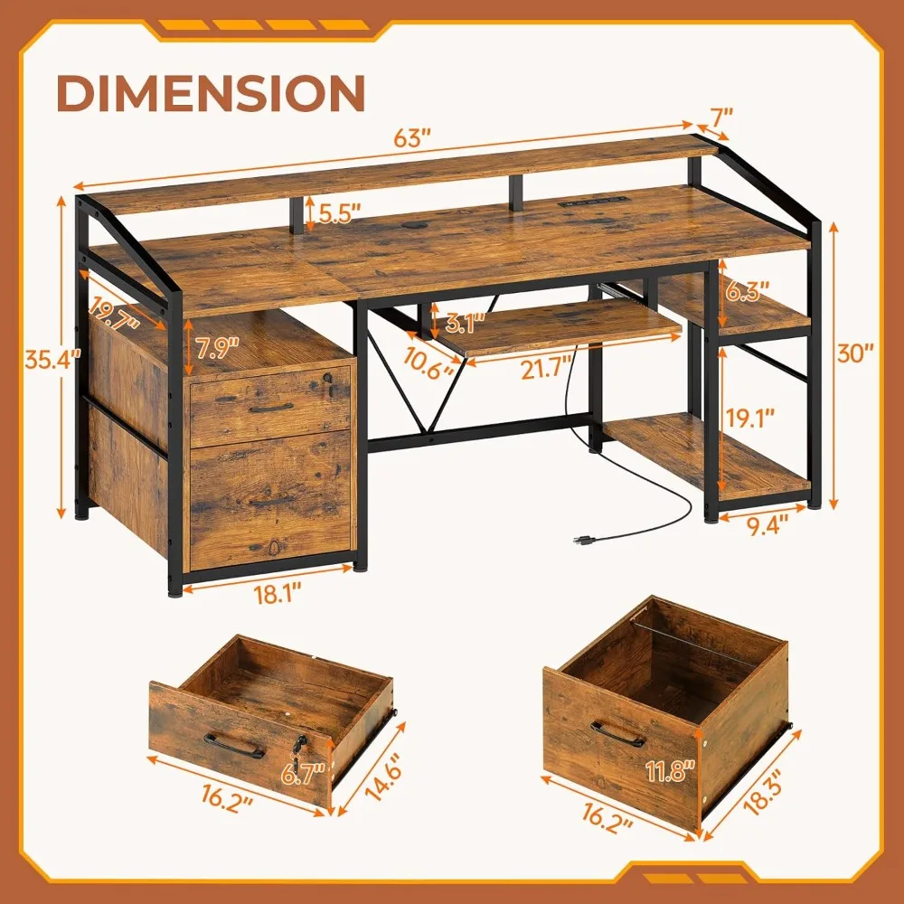 Office Desk with Lock Drawers for Legal/Letter File, Gaming Desk with LED Light & Power Outlet, Home Office Desks for Printer