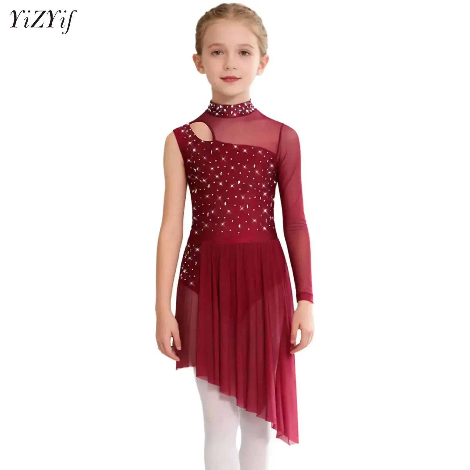 

Kids Girls Shiny Rhinestone Sheer Mesh Gymnastics Skirted Leotard Ballet Asymmetrical Waltz Tango Modern Dance Costume Dancewear
