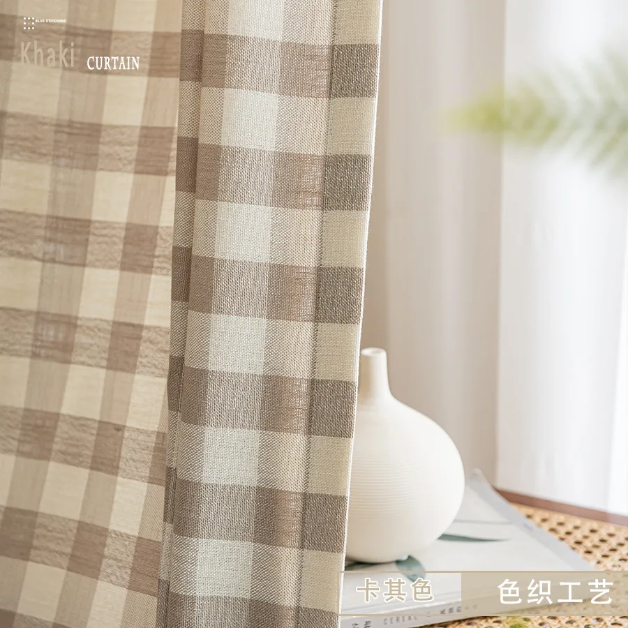Japanese style cotton linen curtains semi-shading new style small fresh pastoral literary plaid curtains for the bedroom