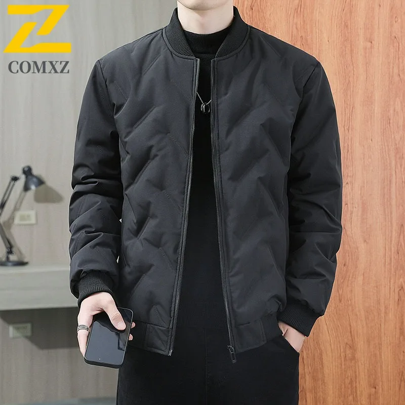 

COMXZ Stand Collar Premium Padded Jacket Men Commute Thick Warm Parka Leisure Pure Color Journey Cold Proof Winter Cotton Coat