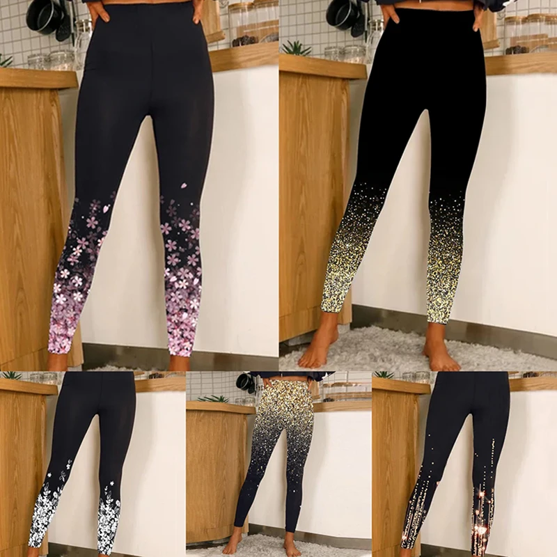 

Summer Tights Leggings Tummy Control Butt Lift High Waist Long Pants Women's Leggings Sports Gym Yoga Floral Print Sequin 2023