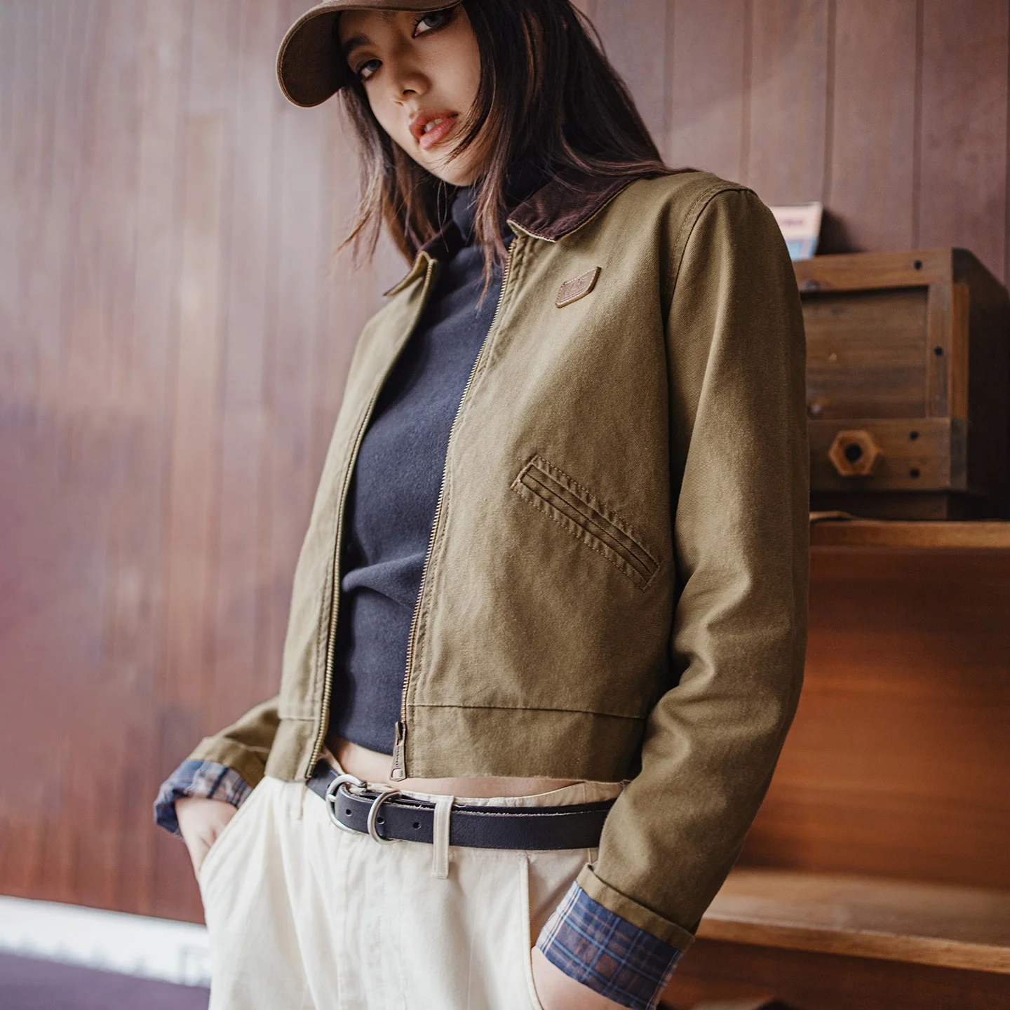 Maden Women's Barn Jacket Contrast Collar Detroit Workwear Short Utility Jacket Casual Vintage Outerwear for Spring Fall