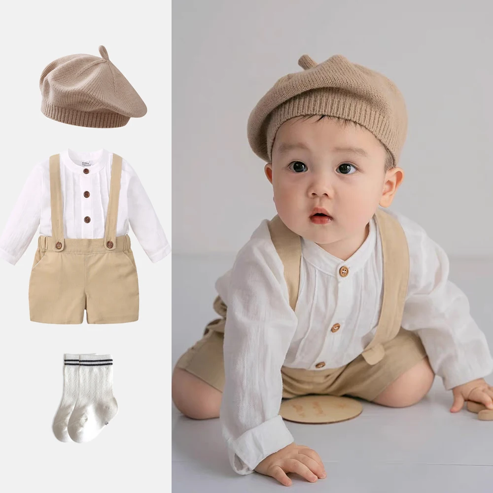 

Toddler Boy Outfits Cotton Linen Solid white long sleeve T-shirt braces Shorts Clothes Children Casual Breathable Clothes Set