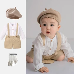 Toddler Boy Outfits Cotton Linen Solid white long sleeve T-shirt braces Shorts Clothes Children Casual Breathable Clothes Set