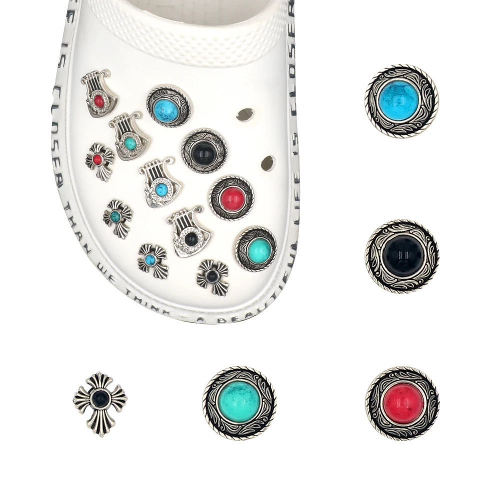 Shoe 크로크 Accessories Charm 1 Set 16 Pieces Simulated Turquoise Badge Shape Detachable Sandals Decorations Buckles Halloween Gift
