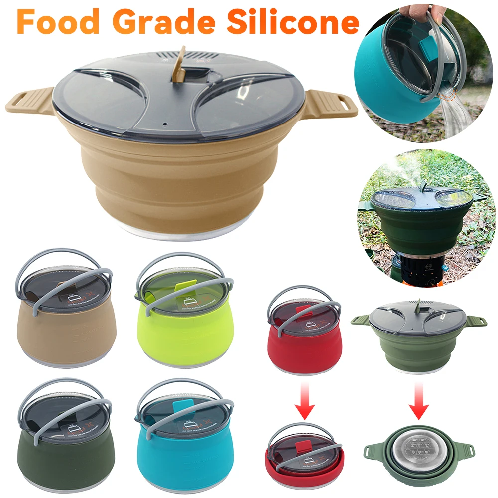 

Outdoor Folding Silicone Kettle Camping Cook Pot Portable Camping Cookware Set Mini Boiling Water Pot for Fishing BBQ Picnic