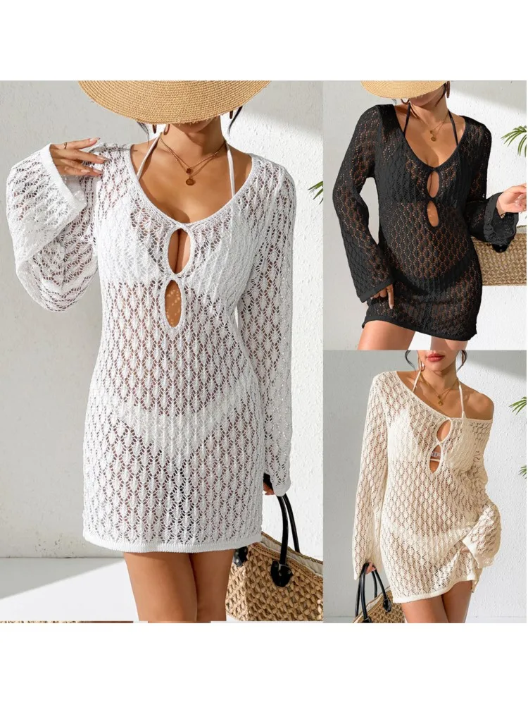Sexy Boho Chic V-Neck Cover-Up Cut Out Long Sleeve Knit Beach Mini Dress 2026 Summer Women Seaside Holiday Swimsuit Cover Up