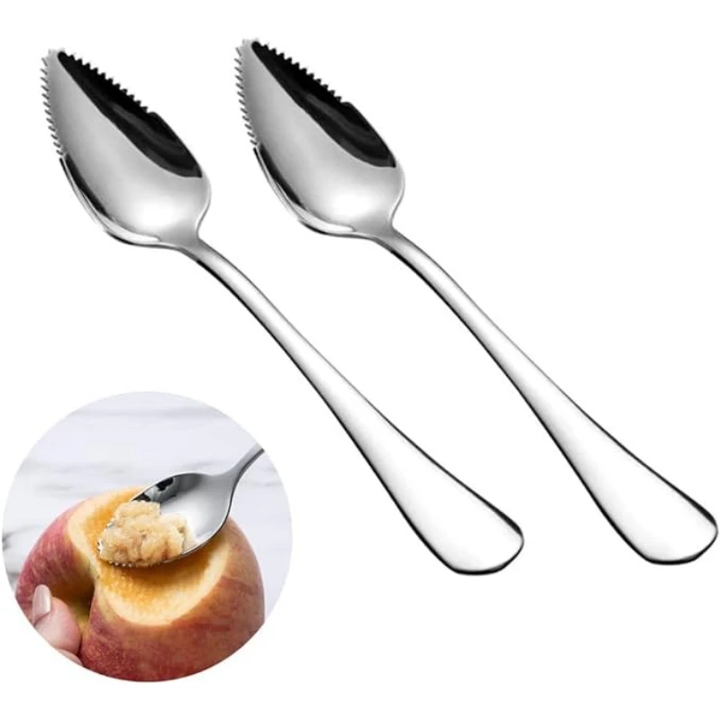 2Pcs Stainless Steel Food Scraper Spoon Serrated Fruit Puree Scoop Kids Apple Mud Spoon Portable Fruit Digging Feeding Tableware