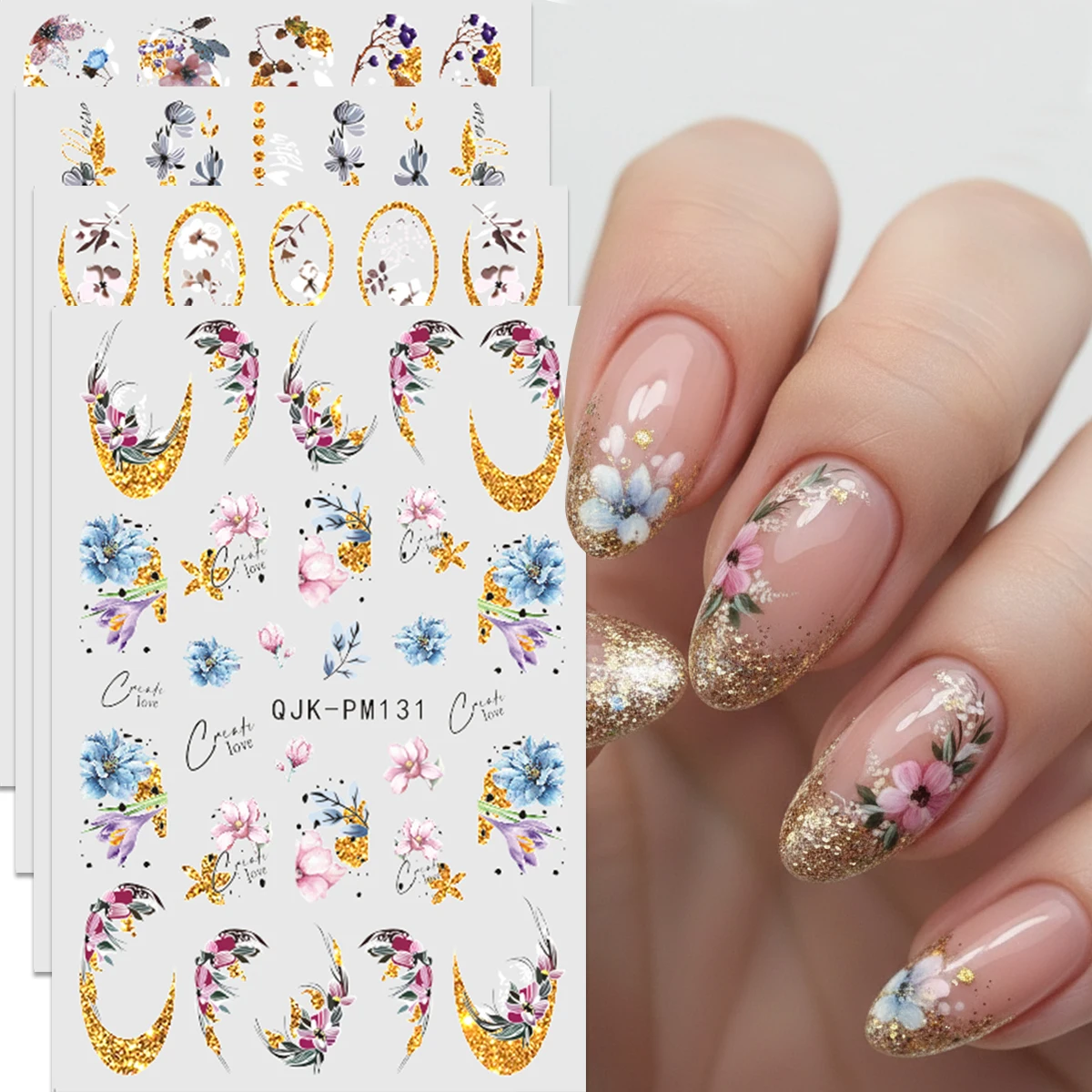 4 Stück Vintage Gold Glitzer Blumen-Nagelaufkleber - Romantischer Ölgemälde-Stil Goldfolie Blumen-Nagelsticker - Für die Hochzeitssaison