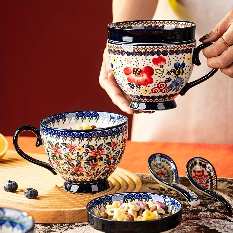Polnische Keramik-Tassenset mit Deckeln, Handgefertigte Retro-Blumen-Kaffeetassen, Weihnachtsgeschenkbox-Bereit, Premium-Feiertagsgeschenk für die Familie