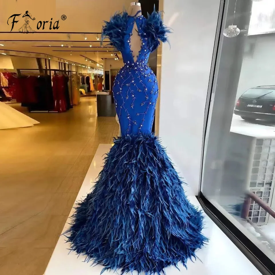 Gaun malam putri duyung Bespoke bulu manik-manik besar mewah gaun selebriti bunga 3D biru Royal upacara pernikahan Vestidos Festa