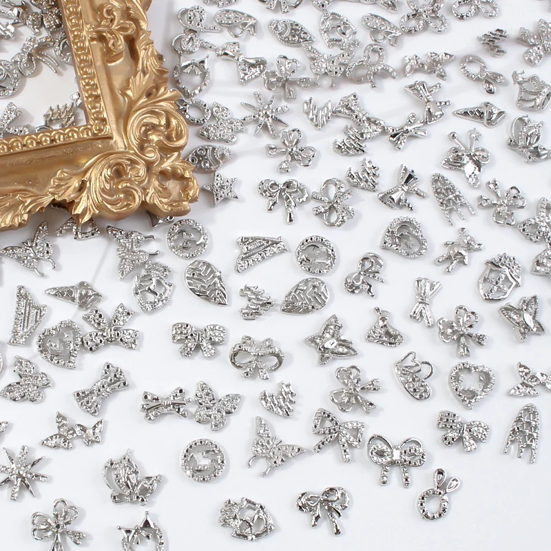 50pcs 3D Luxury Silver Metal Alloy Bow Knot Nail Accessories BowtieNail Jewelry Rhinestones Charms DIY Manicure Accessories #Y2K