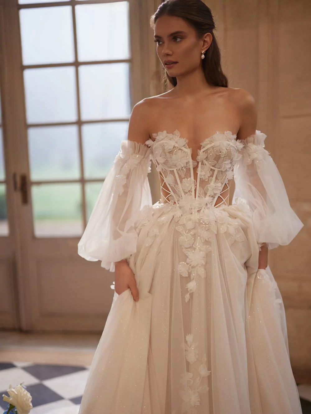 Glitter Floral Off Shoulder Wedding Dress Elegant A-line Floor-length Bridal Gown New Customized Charming Dresses For Bride
