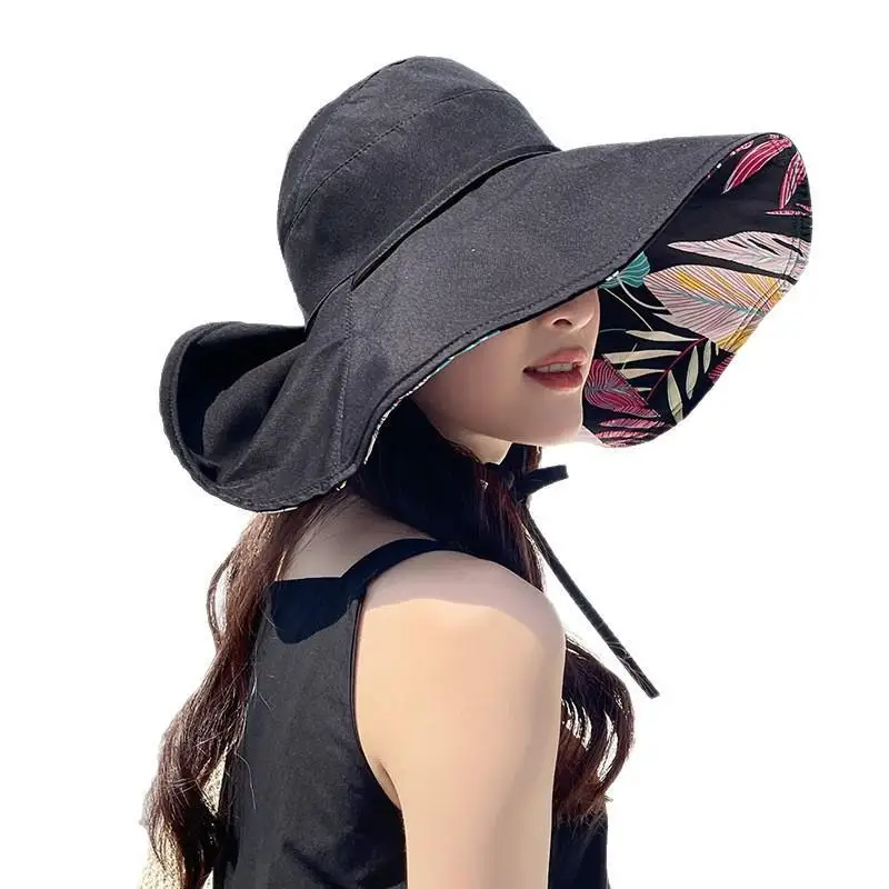 Wide Brim Reversible Sun Hat UV Protection Windproof Strap For Beach Hiking Summer Outdoor Use