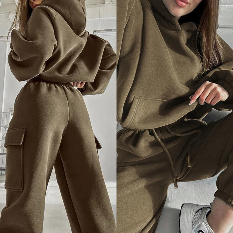 

Women's Hooded Tracksuit 2 Pieces Set Solid Color Long Sleeve Pockets Sweatshirt + Loose Elastic Long Pants Sportswear