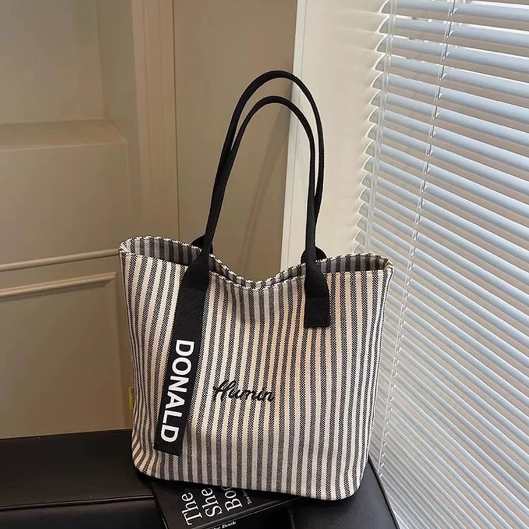 Women's Striped Canvas Tote Bag Large Capacity Double Straps Casual Shoulder Handbag Fashion Shopping Bags for Daily Commute