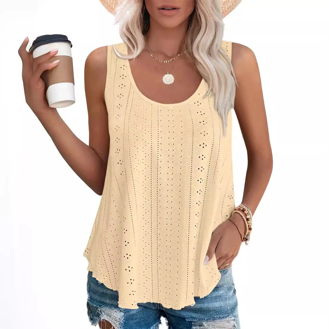 

2025 Women Leisure Simple Boho Camis Tops Women's Hollow Out Top Pullovers New Summer Casual Beach Shirts Fashionable Clothing