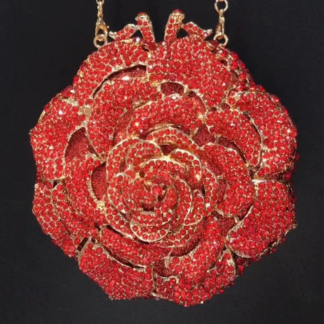 FlowerRed Diamond Evening Bags Luxury Designer Floral Crystal Wedding Bag Lady Gold Metal Women Rhinestone Party Prom Purses