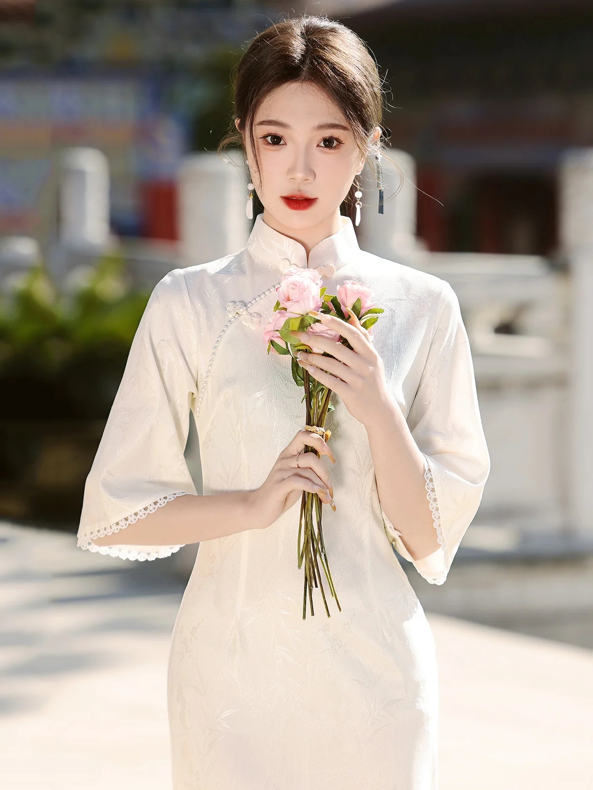 Young New Chinese Style Beige Composite Mesh Inverted Large Sleeve Cheongsam Spring Elegant Everyday Dress