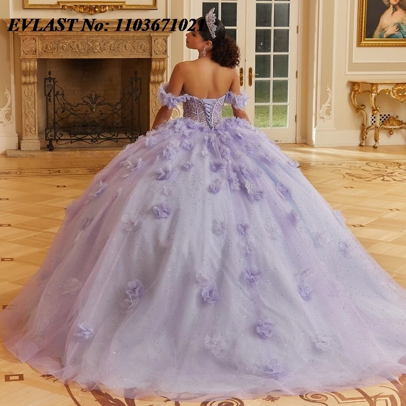 EVLAST-vestido De quinnceañera Lila brillante, vestido De baile, aplique Floral 3D brillante, capa con cuentas, corsé dulce 16, 15 años, SQ612