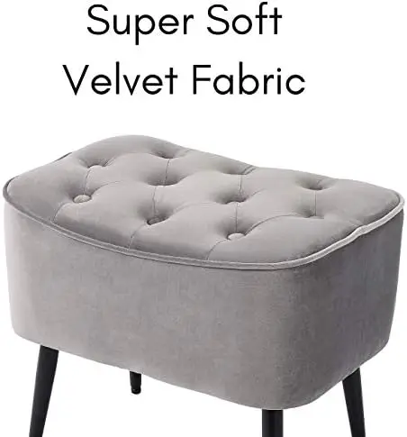 BIRDROCK Tufted Curve Grey Ottoman \u2013 Velvet Foot Stool \u2013 Mid Century Steel Legs - Soft Compact Padded Stool - Living