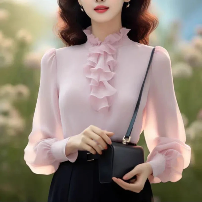 

Spring Autumn Fashion Solid Ruffles Long Sleeve Edible Tree Fungus Blouses Women's Clothing French Style Pleated Patchwork Shirt